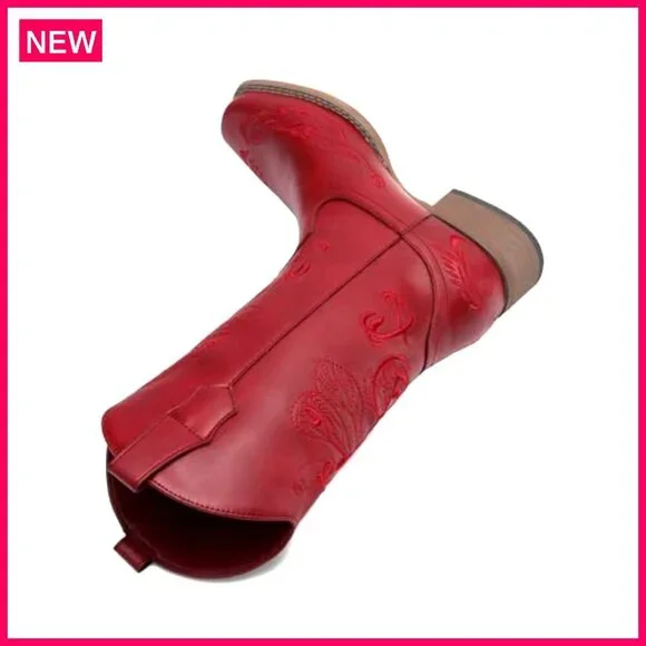 Women's Square Toe Cowboy Boots Mid Calf Chunky Heel Embroidered Western - Picture 5 of 8